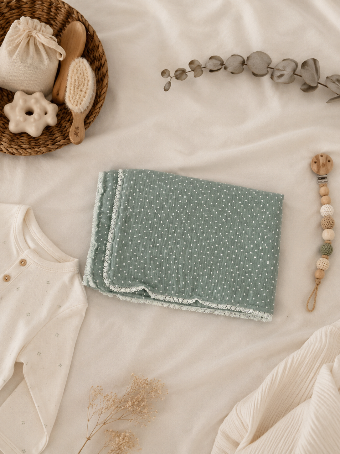Fralda de Musselina 70x70 — Verde Bolinhas