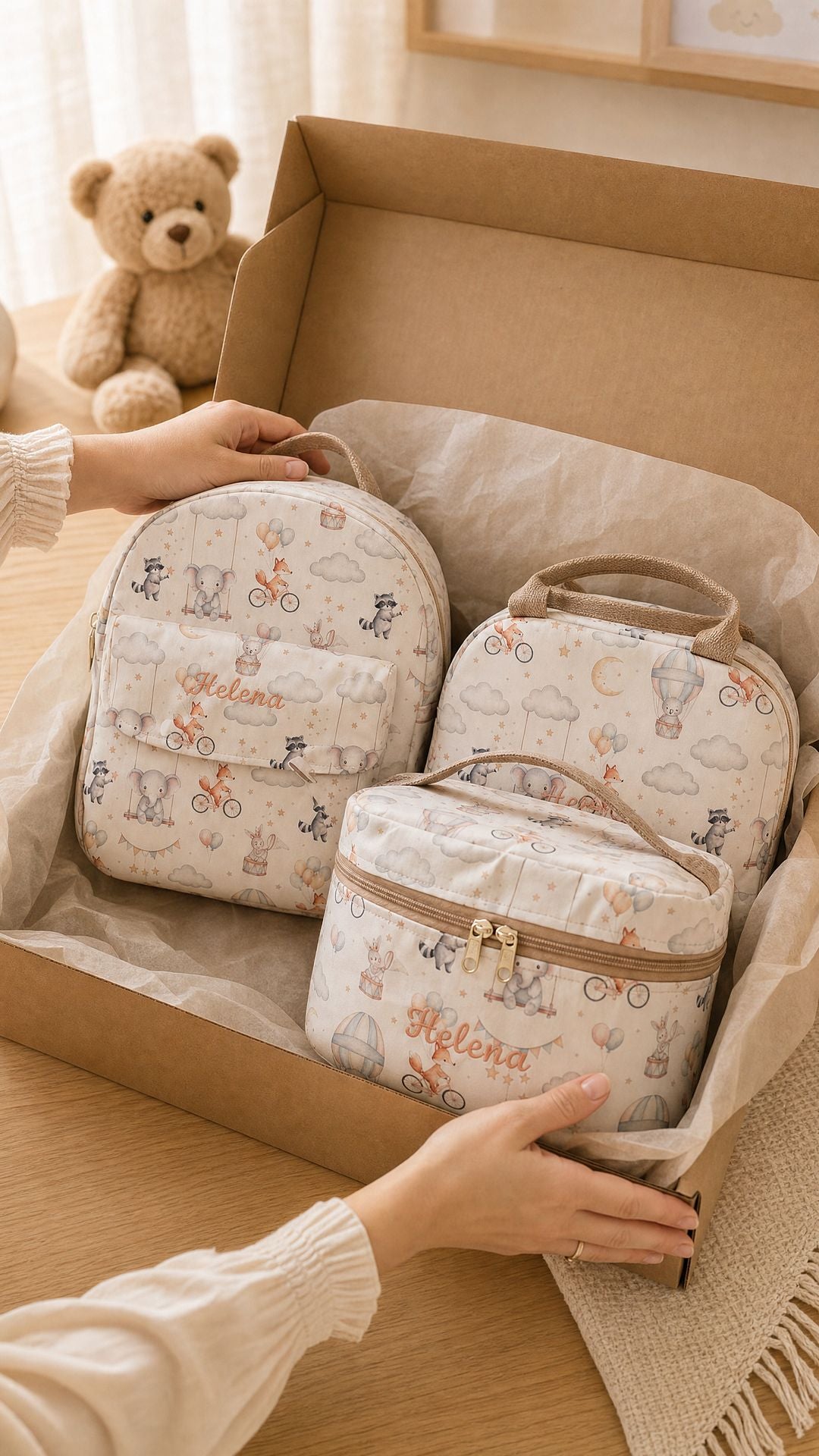 Conjunto Creche Personalizado — Mochila, Lancheira Térmica e Necessaire | Feito à mão