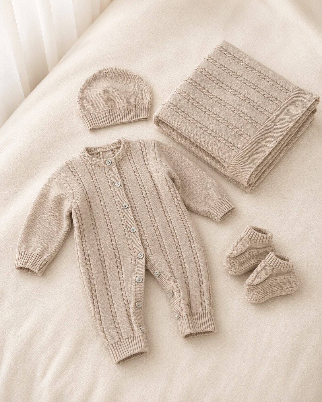 Primeira Roupa de Bebé em Malha – 4 Peças Bege