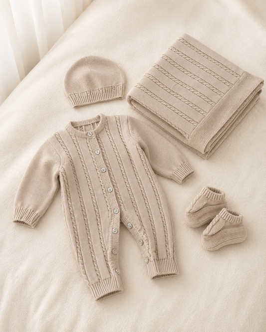 Première tenue de bébé en tricot – 4 pièces beige