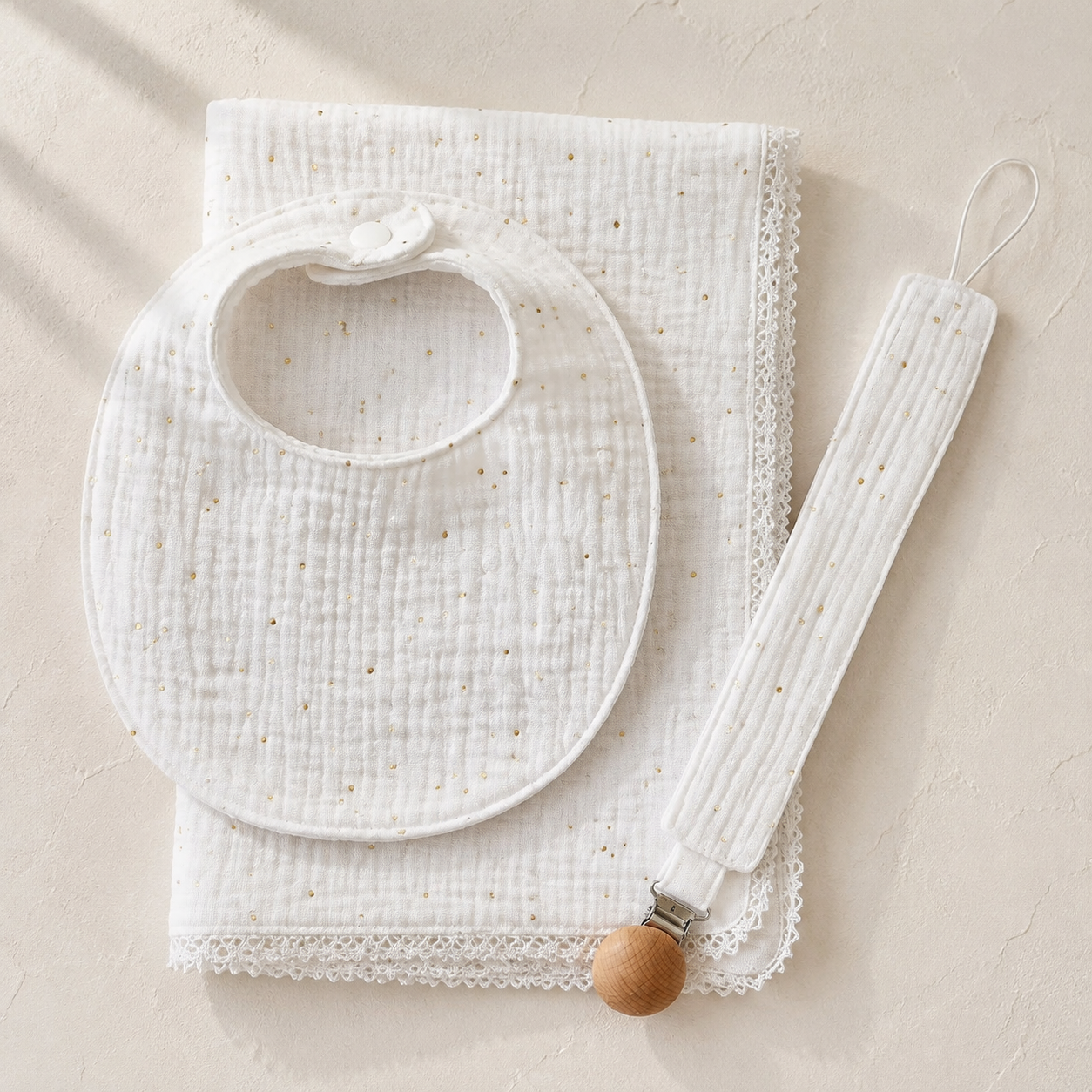 Conjunto de Musselina para Bebé — Branco com Pontos Dourados | Feito à mão