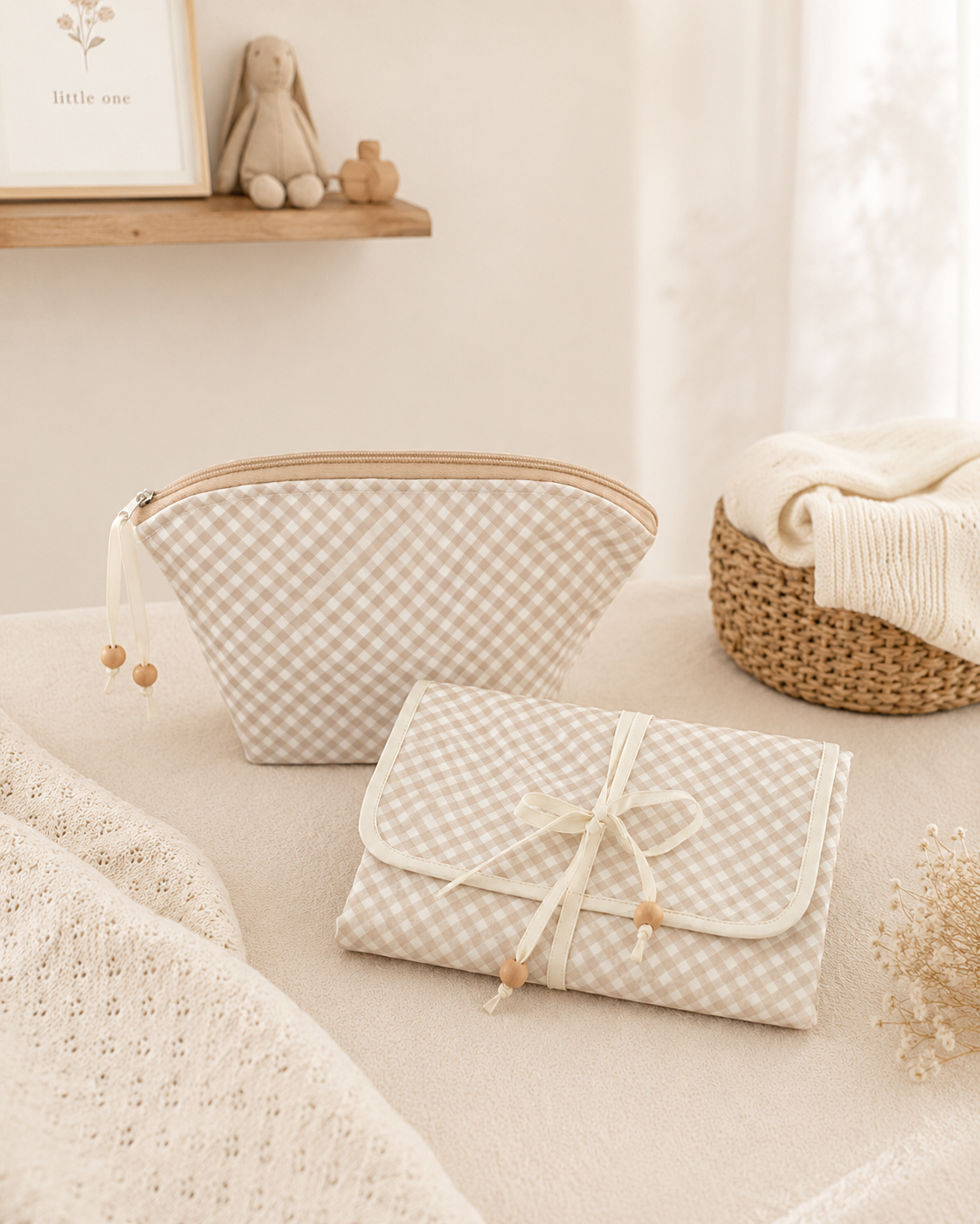 Conjunto Muda-Fraldas e Necessaire — Vichy Bege