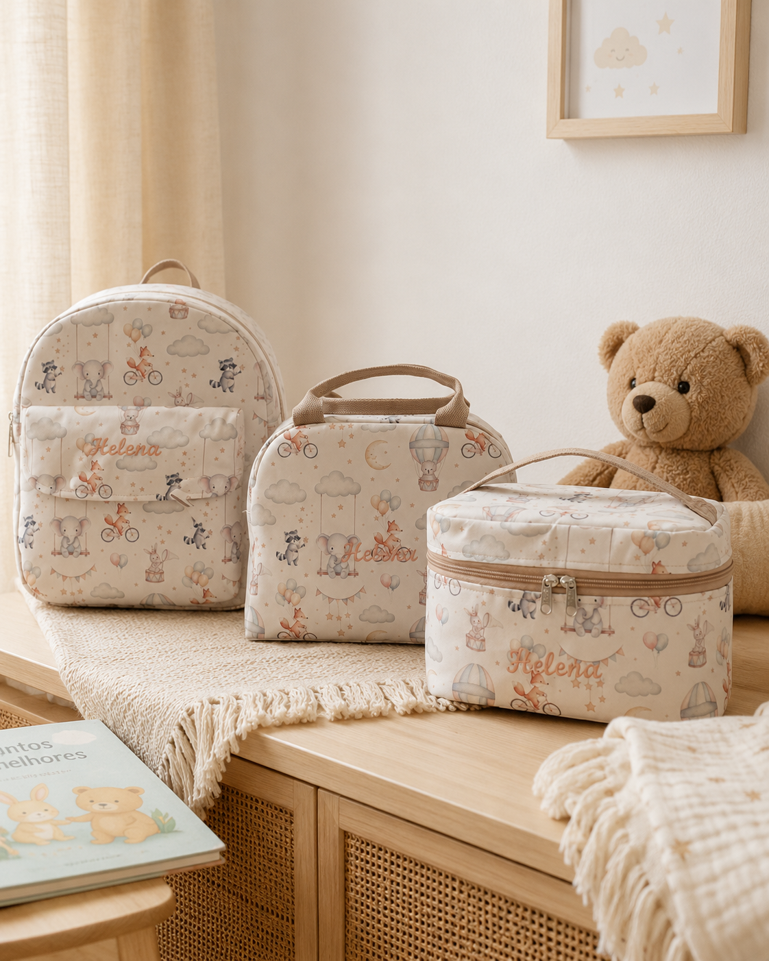 Conjunto Creche Personalizado — Mochila, Lancheira Térmica e Necessaire | Feito à mão